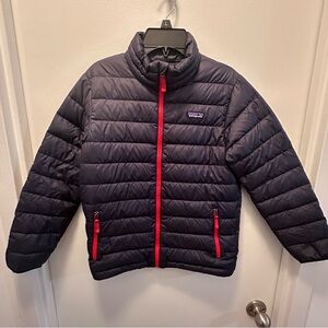 Patagonia Kids Navy Down Sweater Jacket with Red Zipper Accents